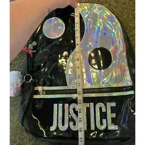 NWT Justice Ying & Yang Girls Backpack Holographic Silver with Pom Pom Keychain - Picture 5 of 10